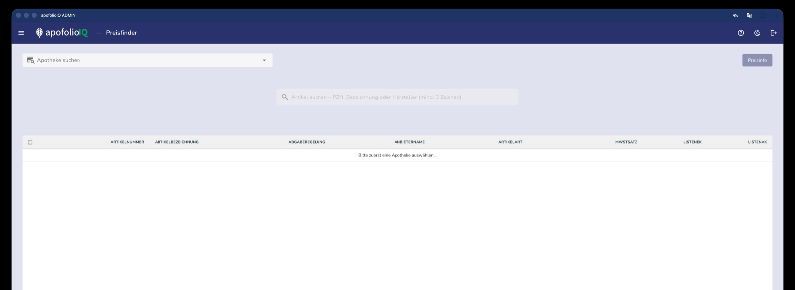 Preisfinder – Artikelsuche über PZN, Bezeichnung oder Hersteller mit Listen-EK und Listen-VK