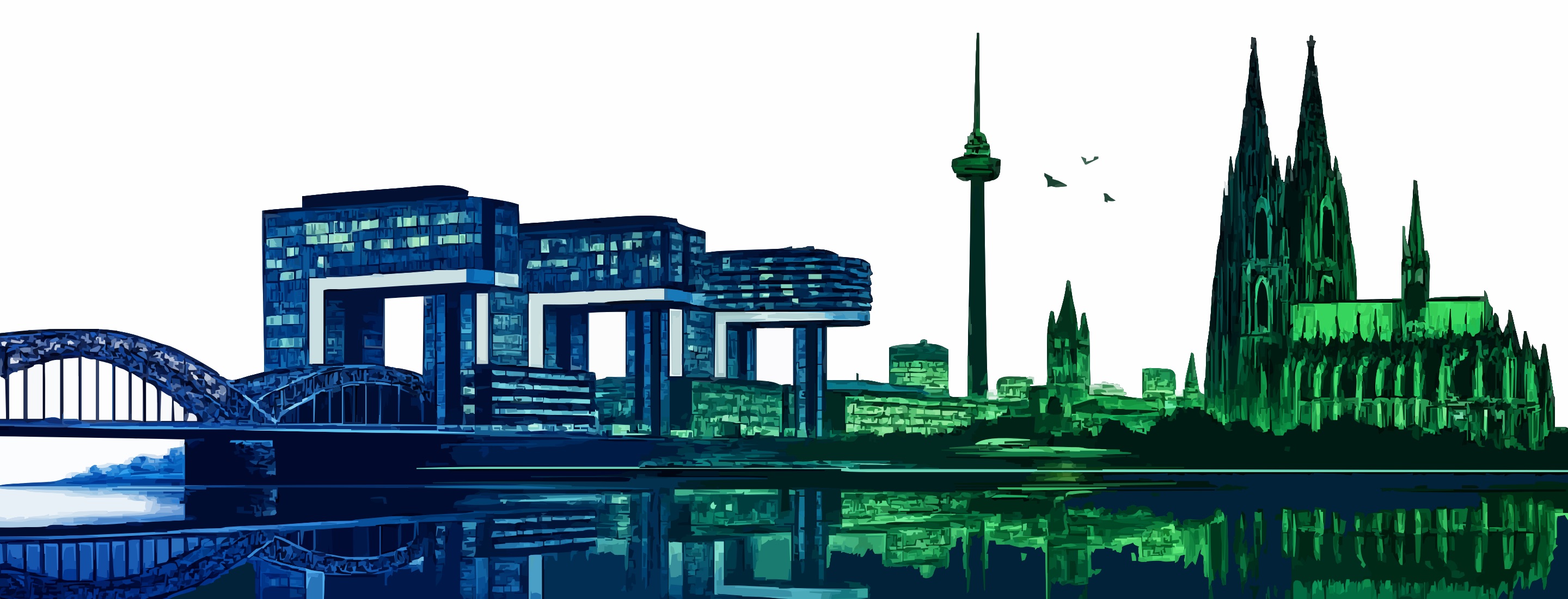 Kölner Skyline mit Dom, Kranhäusern und Hohenzollernbrücke